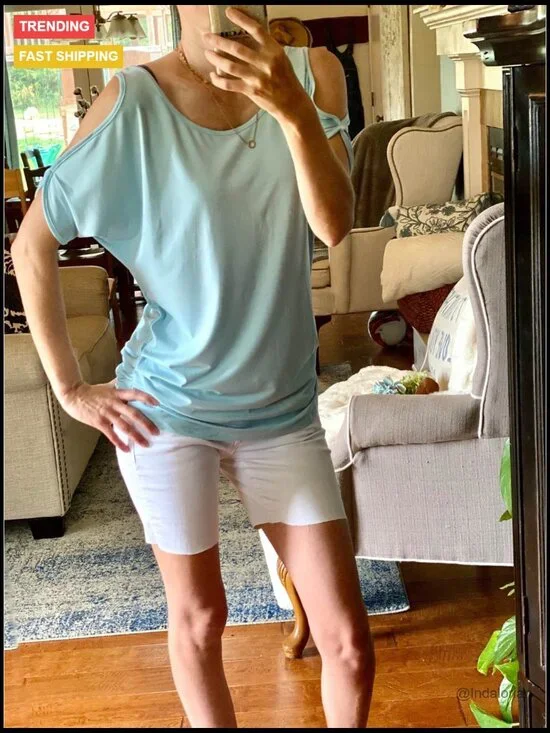 Cold Shoulder Blouse with Floral Pattern, Loose Fit, Polyester Spandex Blend - Picture 7 of 7